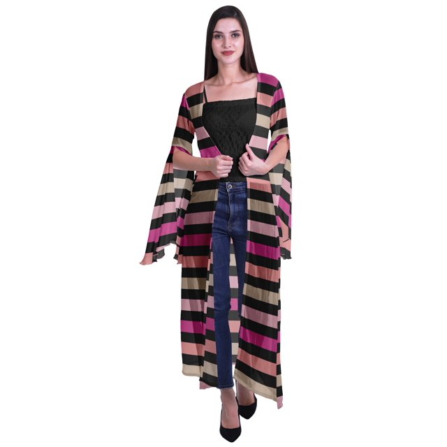 Moomaya Printed Georgette Beach Clothes For Women Long Shrug Cover Up Cardigan