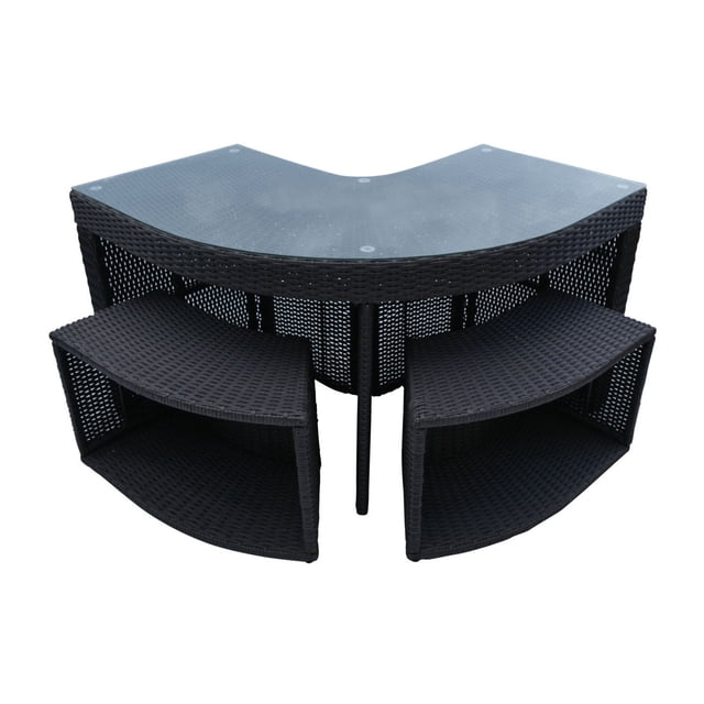 Canadian Spa Co. Corner Bar & 2 Stools - Square Spa Surround Furniture set with a curved corner bar table featuring a tempered glass top and two matching curved stools, constructed from weather-resistant synthetic wicker rattan over a rust-proof aluminum frame, designed to complement outdoor spa areas and suitable for casual outdoor seating.