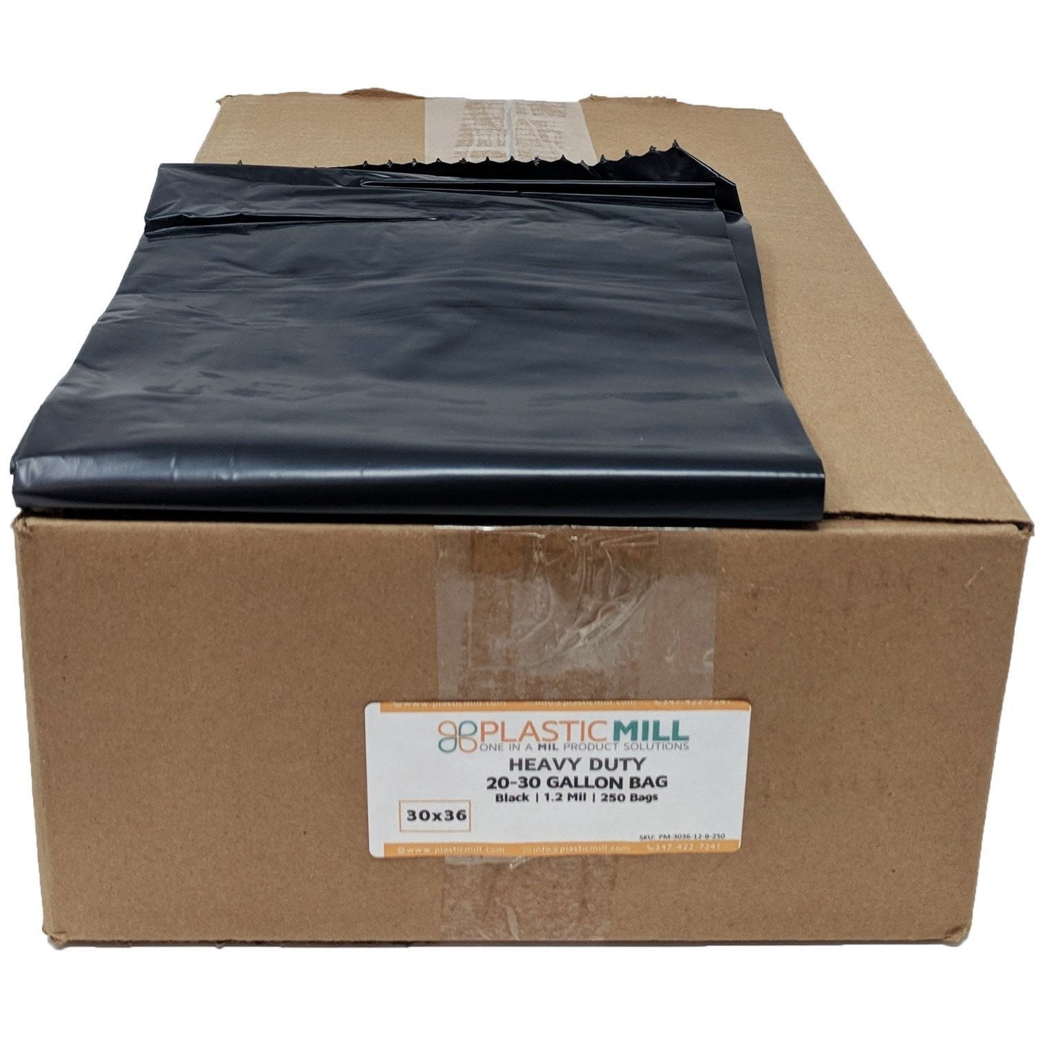 PlasticMill Heavy Duty Trash Bags - Black Garbage Bags - Plastic Trash Bags - Tall Trash Bags, Trash Can Liners - 20-30 Gallon Large Kitchen Trash Bags, 1.2 Mil, 30"x36" (250-Count)
