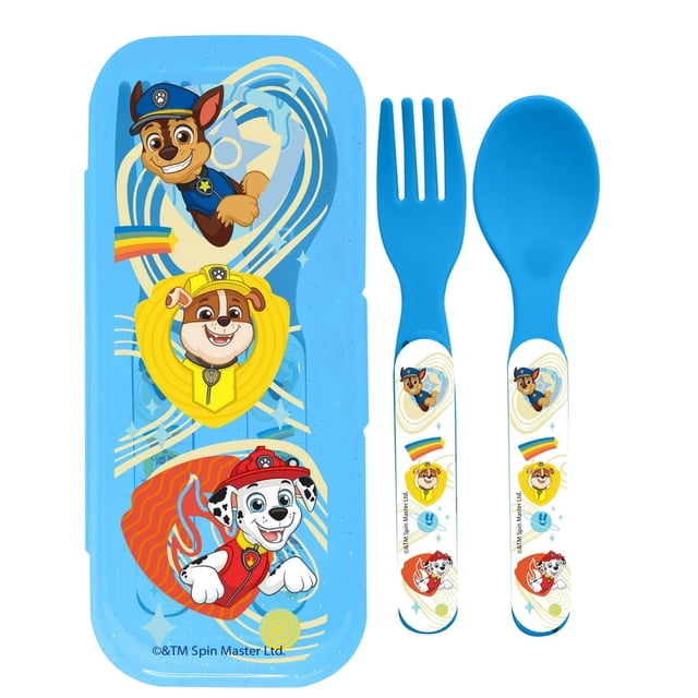 Paw Patrol travel cutlery set featuring a blue fork and spoon with colourful Paw Patrol character designs on the handles. Includes a coordinating blue storage case adorned with vibrant images of Chase, Rubble, and Marshall from Paw Patrol. Sized for kids, ideal for meals on the go or at school.