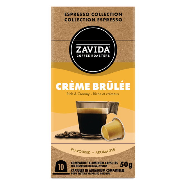 ZAVCRMBRULESP Zavida Crème Brûlée espresso capsules box with espresso collection branding, showing a clear glass cup of espresso with crema, a yellow aluminum capsule, and roasted coffee beans on a brown and yellow background, compatible with Nespresso Original system, 50 g, 10 capsules, rich and creamy flavour.