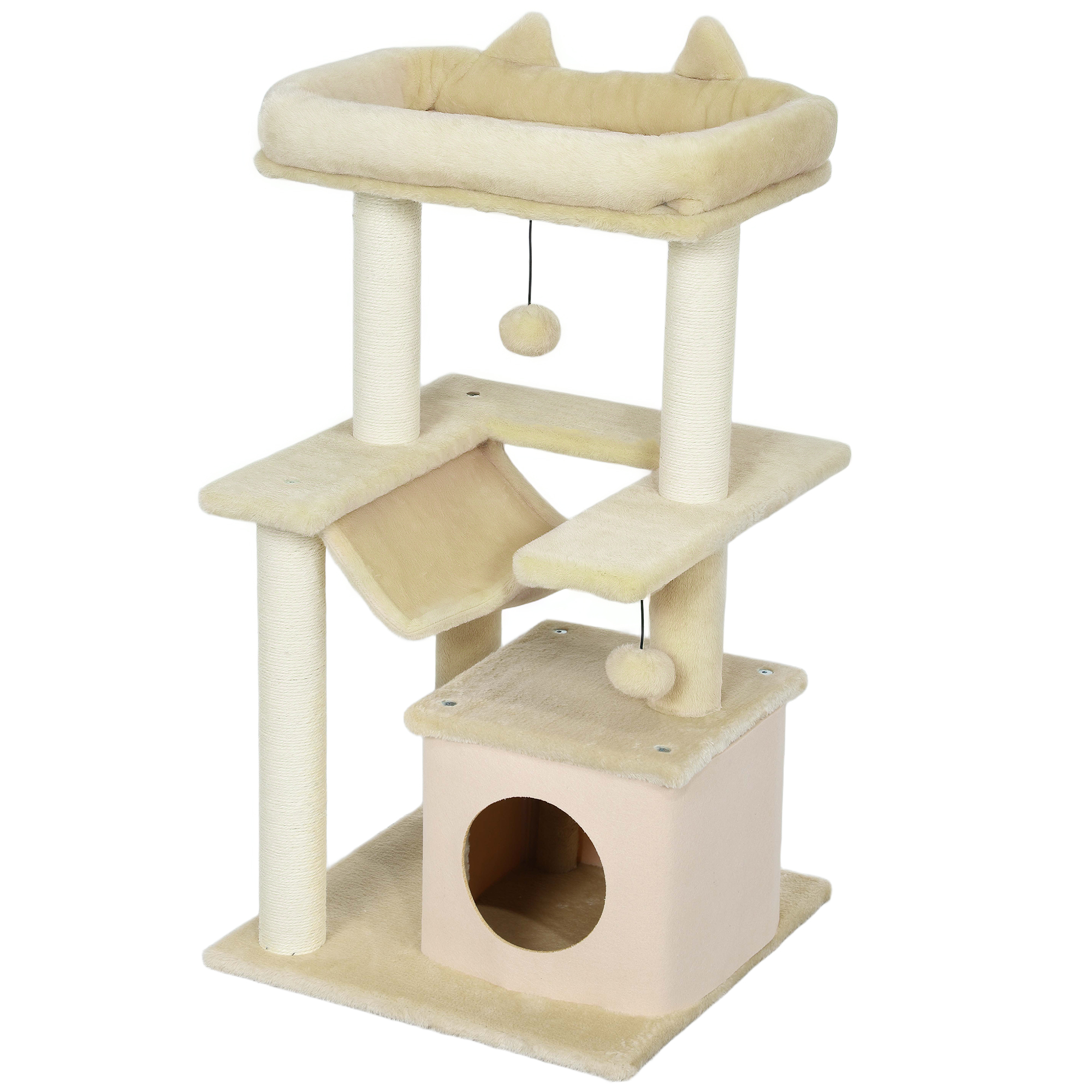 CoSoTower 39.25'' Cat Tree Tower Multi-Level Kitten House with Scratching Post Condo Hammock Bed Ball Toy - Beige