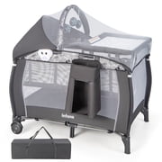 INFANS 4 in 1 Pack and Play, Portable Travel Baby Playard with Bassinet, Changing Table, Canopy, Mosquito Net, Hanging Toys, Music Box, Storage Bag, Large Playpen from Newborn to Toddlers