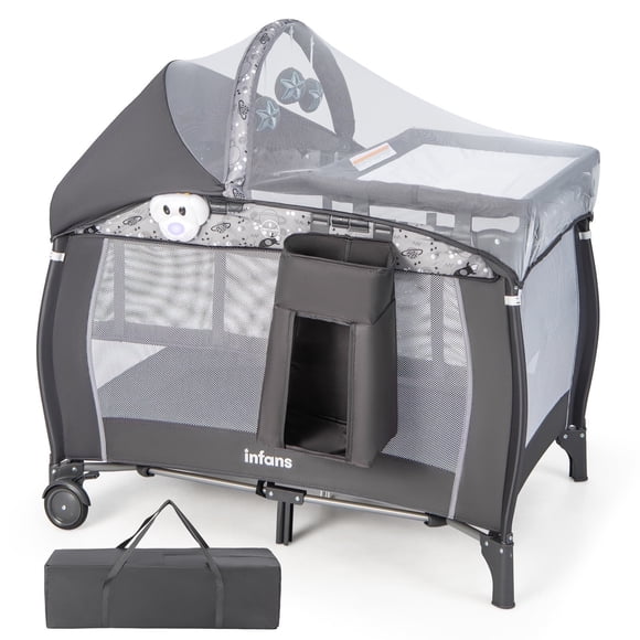 INFANS Parc pour Bébé 4 en 1, Parc de Voyage Portable avec Berceau, Table à Langer, Auvent, Moustiquaire, Jouets Suspendus, Boîte à Musique, Sac de Rangement, Grand Parc pour Nouveau-Nés Jusqu'aux Tout-Petits