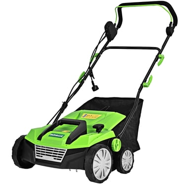 IronMax 13Amp Corded Scarifier 15" Electric Lawn Dethatcher w/50L Collection Bag Green