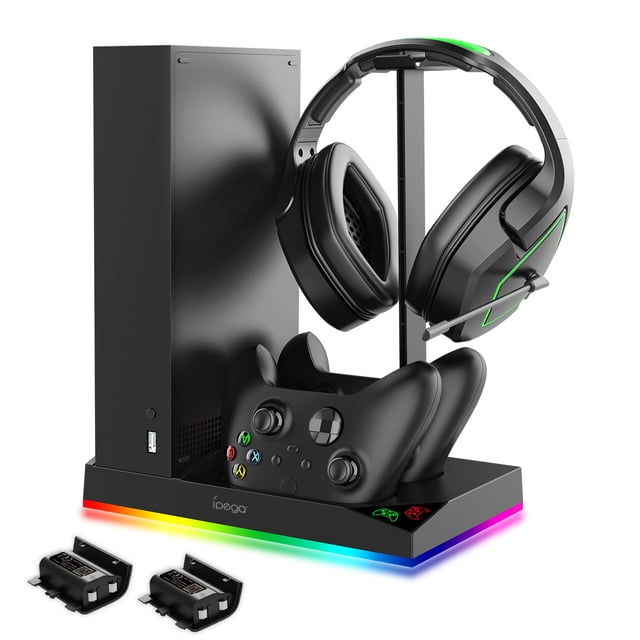 All-in-One RGB Cooling Stand for Xbox Series S (XSS) - Dual Controller Charging Dock, Headphone Hanger & 12-Game Disc Rack, Colorful LED Gaming Accessory for Organized Setup