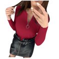 thumbnail image 2 of Qertyioot Hauts d'Hiver pour Femmes Mode Féminine et Décontractée Fermeture Éclair Col Rond Manche Chandail Blouse Uni, 2 of 7