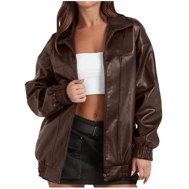 Moxiu Women's Faux Leather Jackets Boyfriend Long Sleeve Zipper Oversized Motorcycle Biker Coat Trendy Travel Casual Outfits 2025 Coffee,S