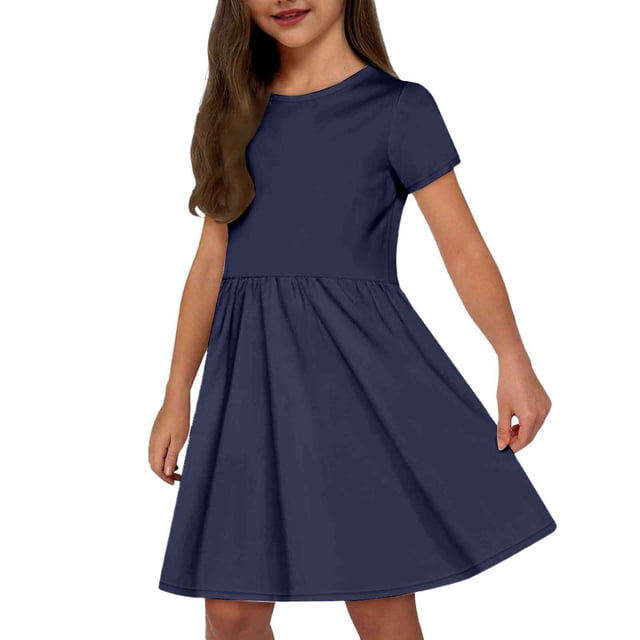 Robes pour Filles Enfants Mode Uni Col Rond Manches Courtes Décontracté Confortable Robe avec Poches Robes pour Tout-Petits Marine 5 Ans-6 Ans