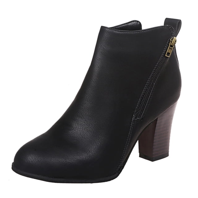 Bottes Mini Carrées Rétro en Cuir pour Femmes Talon pour Femmes Fermeture Éclair Couleur Unie Bottes de Pluie pour Femmes Bottillons Courts Bout Rond Bottes Born pour Femmes Chaussures à Talon Bas