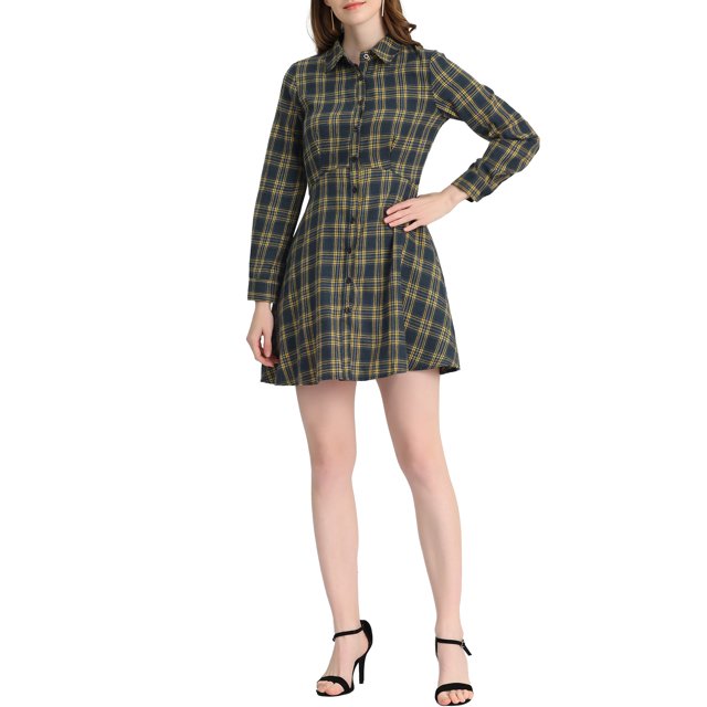 INSPIRE CHIC Women's Plaid Button up Point Collar Long Sleeve A-Line Dress L Navy Blue