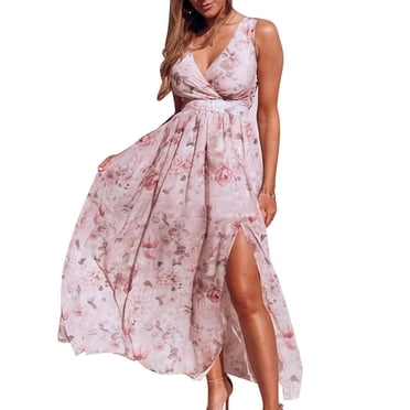 HAWEE Robe Décontractée à Col en V pour Femme, Été, Dos Nu, Imprimé Floral, Sans Manches, Robe Maxi pour Plage et Fête