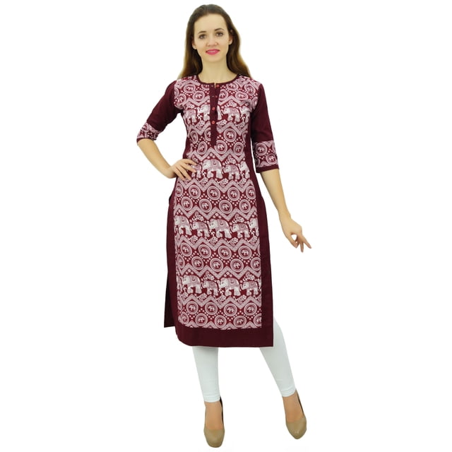 Phagun Kurta Droite Bordeaux pour Femmes, Manches 3/4, Kurti Décontractée Imprimée - 22