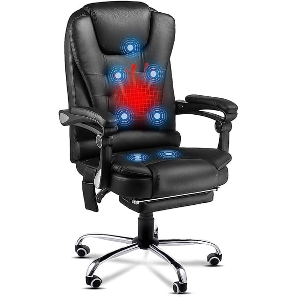 AECOJOY Ergonomic Reclining Office Chair, Heat & Massage High Back Desk Chair w/Retractable Footrest, Executive Swivel Leather Chair for Office, Home, Study, Black