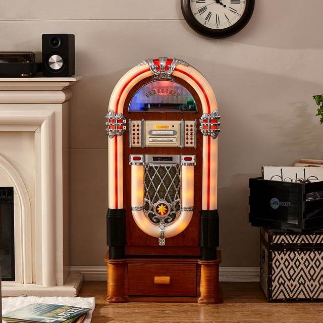Arkrocket Taurus Jukebox Lecteur de Disques Vinyles Bluetooth USB Lecteur SD CD Radio Rétro Plateau Tournant Classic Jukebox (Taurus - Classic avec Support)