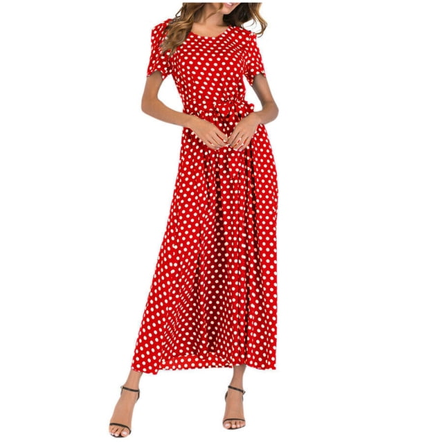 Robes d'Été pour Femmes 2022 Mode Femmes Col Rond Manches Courtes Plage Pois Bandage Longue Robe Maxi