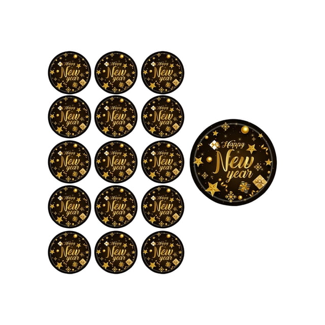 A 7 Inches Black And Gold Happy New Year Theme Disposable Paper Plates Party Tableware Pack Of 16 Elegant Celebration