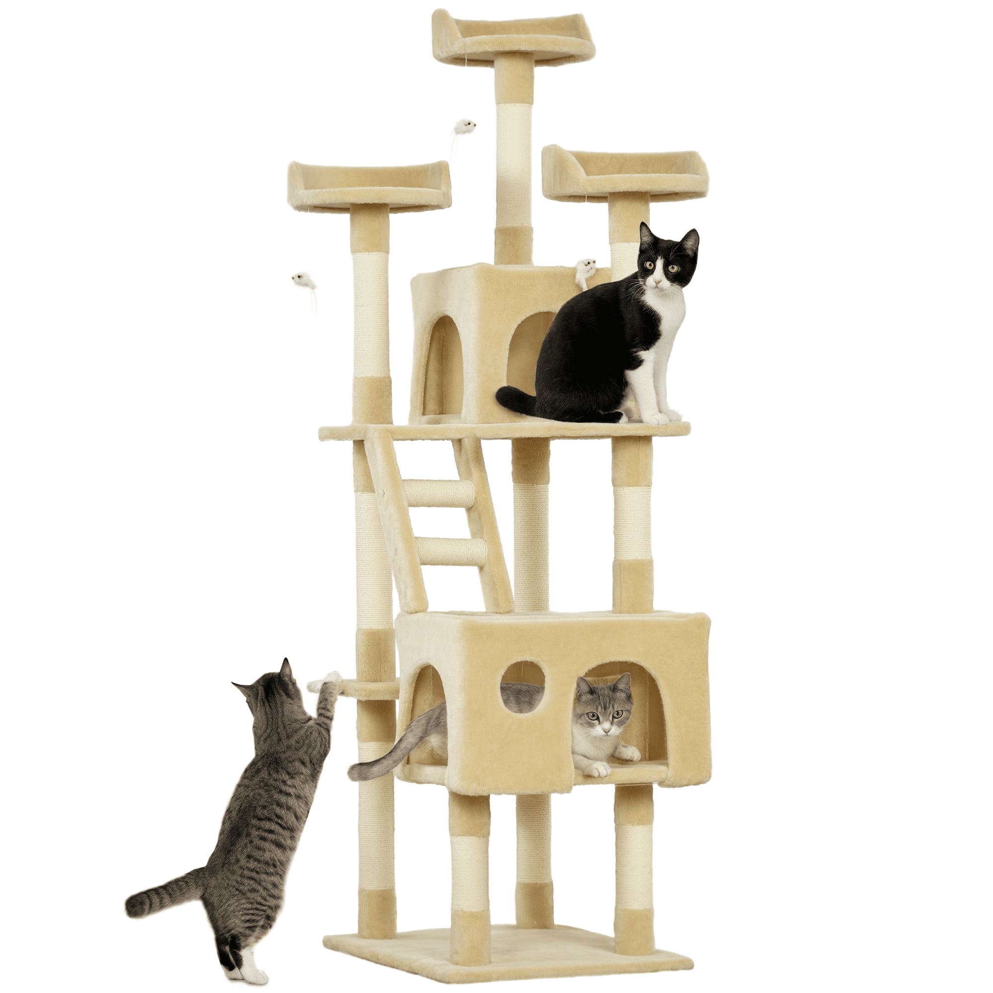71-Inch Multi-Level Cat Tree Activity Center with Sisal Scratching Posts, 2 Condos, 7 Perches and Toys, Beige Plush Cat Tower for Indoor Living Room and Bedroom Play and Rest