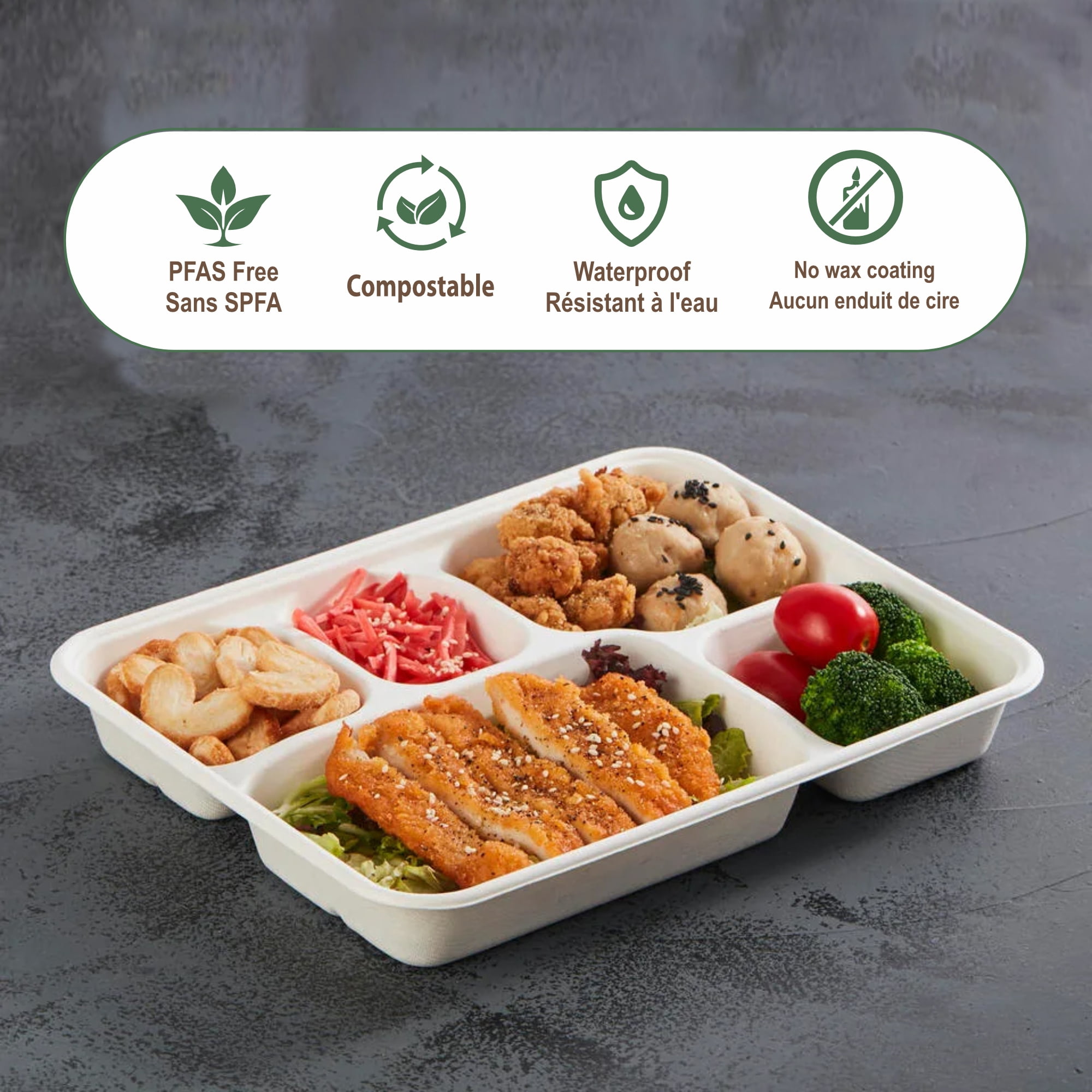 Plateau Go4Green à 5 compartiments en amidon de maïs, lot de 20