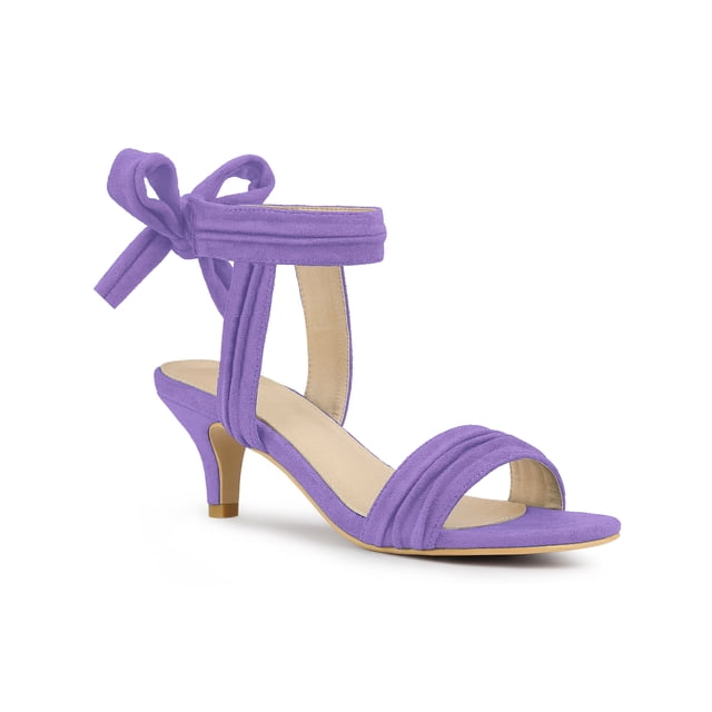 BLISSFUL STEP Women Open Toe Ankle Bow Tie Mid Heels Sandals Purple 6.5