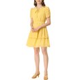 thumbnail image 1 of INSPIRE CHIC Women's Tie Neck Ruched Sleeve Elastic Waist A-Line Double Layers Ruffle Hem Short Dress M Yellow, 1 of 7