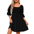 thumbnail image 4 of RKSTN Robes pour Femmes Décontractées Col Carré Manches Bouffantes 3/4 Poitrine Froncée Épaules Dénudées Robe Babydoll Mini, 4 of 9