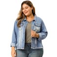 thumbnail image 1 of GRACE & GRANDEUR Women's Plus Size Washed Button Front Frayed Denim Jacket Light Blue 2X, 1 of 8