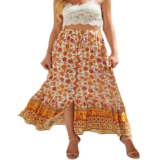Womens Summer Fall Boho Floral Half Skirt High Waist A-Line Front Button Ruffle Beach Maxi Skirt S-XL