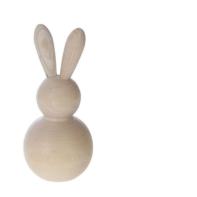 Natural Wooden Round Bunny Decor showing a smooth light wood figurine with a round body and head, two upright oval ears, ideal as a decorative accent or seasonal woodland-themed décor piece.