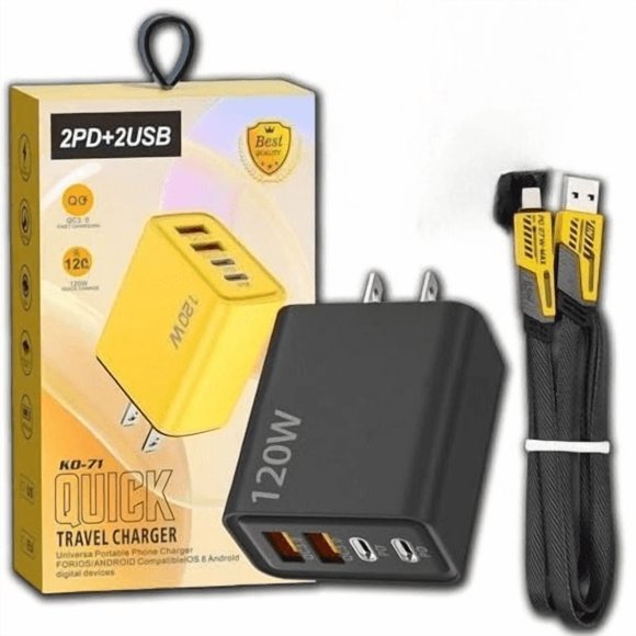 120w Dual USB & Dual Type-C Fast Charger,Thermal Optimized Charger 120 Watt, with 59in Flat Braided Mechanical Style Multi-Function Cable, for Gaming Office Travel