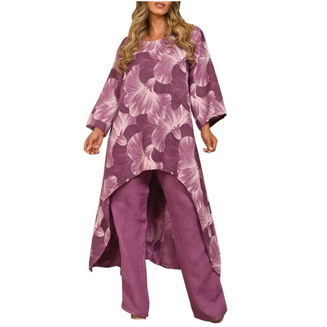 Mikilon Ensemble Élégant pour Femmes 2 Pcs Été Imprimé Irrégulier Pull Manches Longues Col Rond Violet TG