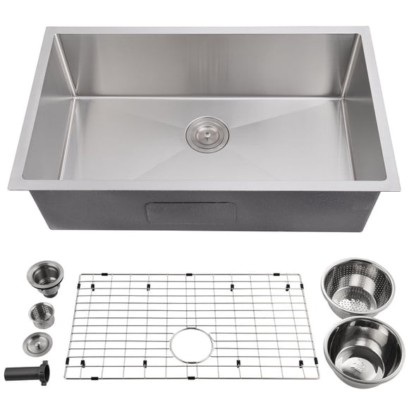 Kitchen Sink Undermount Single Bowl, 30" Stainless Steel Deep Basin with Accessories, Brushed Nickel, Utility & Prep Sink