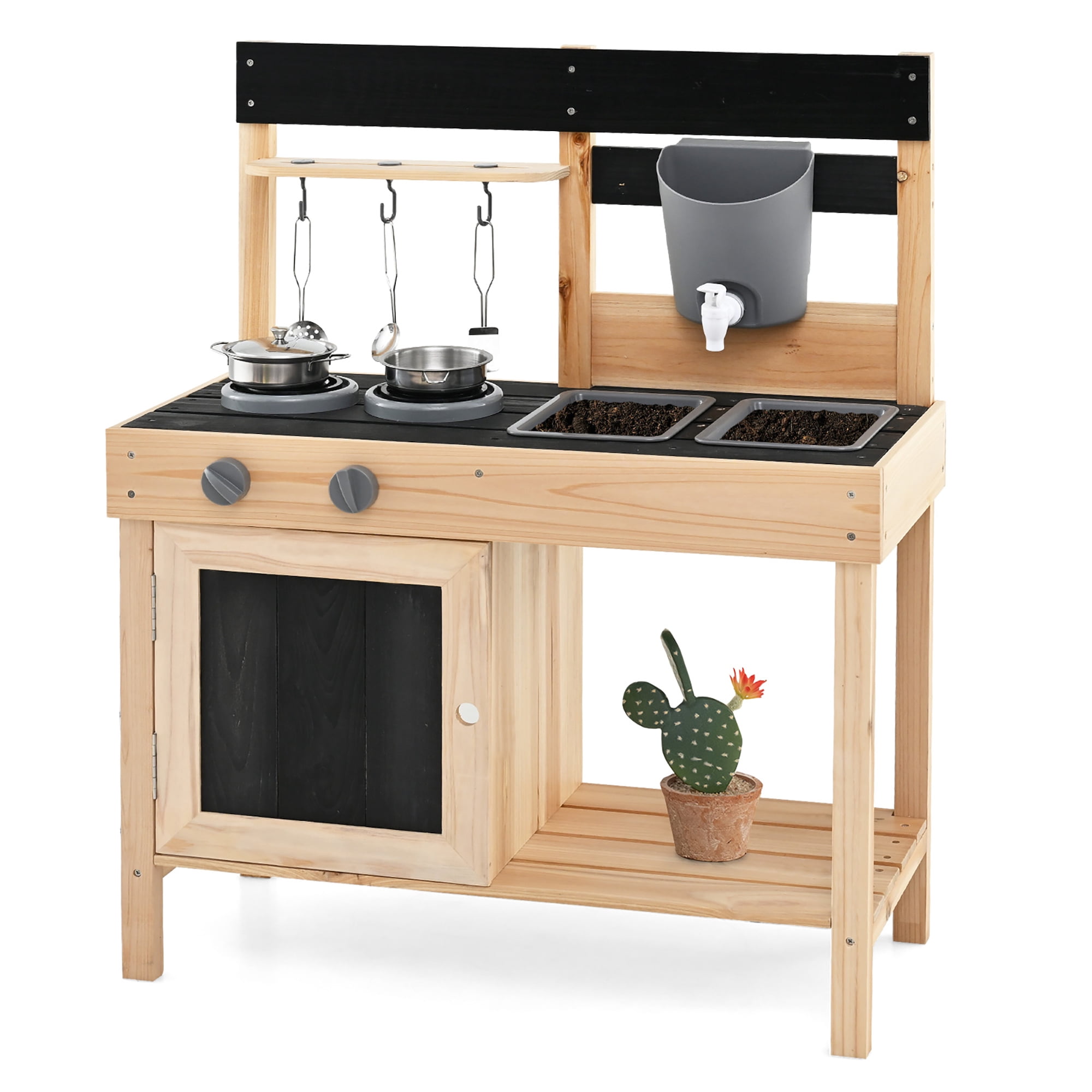 Gymax Mud Kitchen Playset Outdoor Kids Pretend Play Kitchen w/2 Removable Sinks Faucet Natural
