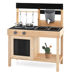 Gymax Mud Kitchen Playset Outdoor Kids Pretend Play Kitchen w/2 Robinet amovible pour silex naturel