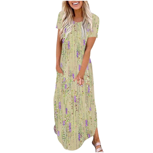 Ovzne Robes pour Femmes 2025 Robe Mode Robe Décontractée pour Femmes Imprimée à Manches Courtes Col Rond Robe avec Poches Grande Taille Robe Maxi à Manches Courtes Imprimée Liquidation