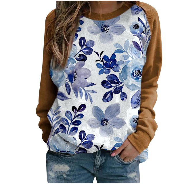 Sweat-shirts à Col Rond pour Femmes Pulls Décontractés Imprimés à Fleurs Ample Sweat-Shirt Doux Automne Vêtements