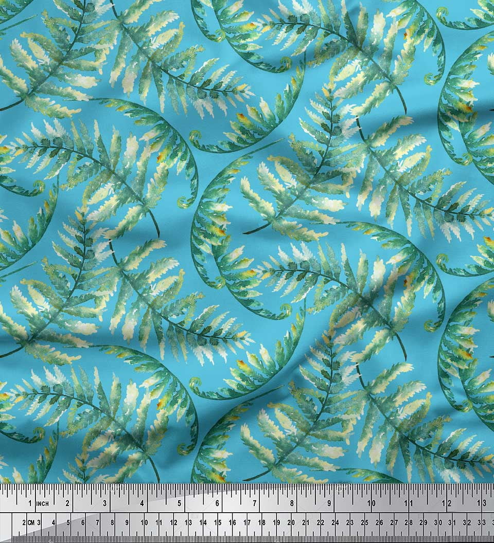 Soimoi Blue Silk Fabric Cedar Leaves Printed Fabric 1 Yard 42 Inch Wide