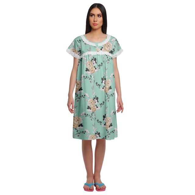 Moomaya Short Sleeve Nightdress For Ladies Printed Button Placket Nightwear