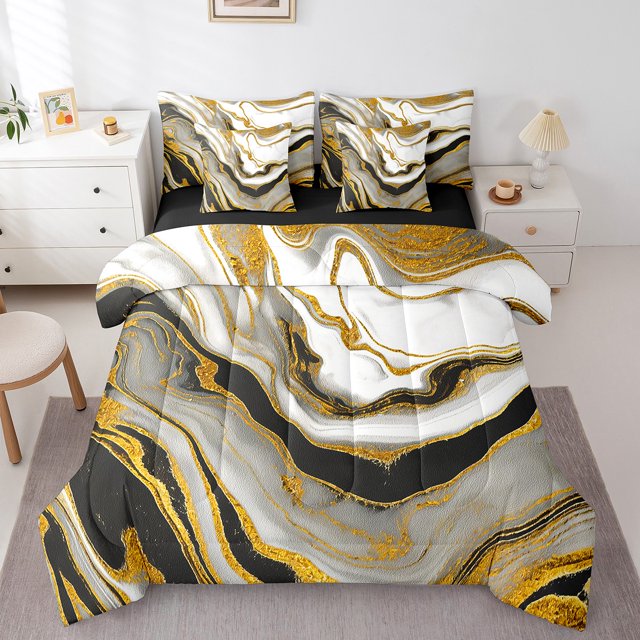 YST Marble King 7-Piece Comforter Set, Abstract Marble Design with Gold Metallic Print, Queen
