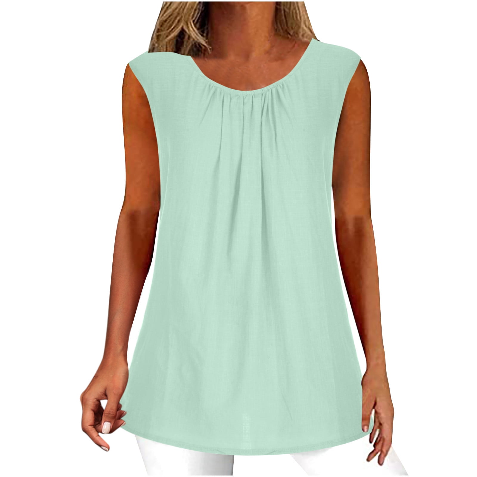 Timegard Tank Tops for Women Round Neck Ruched Lightweight Summer Beach Casual Tunic Tops Sleeveless