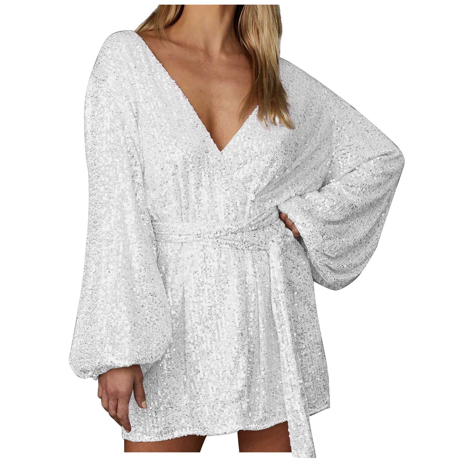 Ltctricy Robe à Paillettes pour Femmes, Manches Longues Lanterne, Décolleté en V Profond Croisé, Portefeuille, Ceinturée, Mini-Robe Scintillante à Paillettes, Robe de Boîte de Nuit et de Fête (Blanc, Petit)