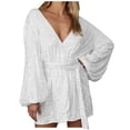 thumbnail image 1 of Ltctricy Robe à Paillettes pour Femmes, Manches Longues Lanterne, Décolleté en V Profond Croisé, Portefeuille, Ceinturée, Mini-Robe Scintillante à Paillettes, Robe de Boîte de Nuit et de Fête (Blanc, Moyen), 1 of 6