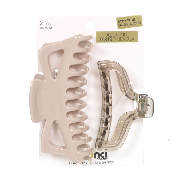 Scunci Savvy Value 2pk LG Mixed Claw Clip with two large hair claw clips, one blush pink matte and one clear translucent cut-out, ideal for versatile styling and suitable for all hair types.