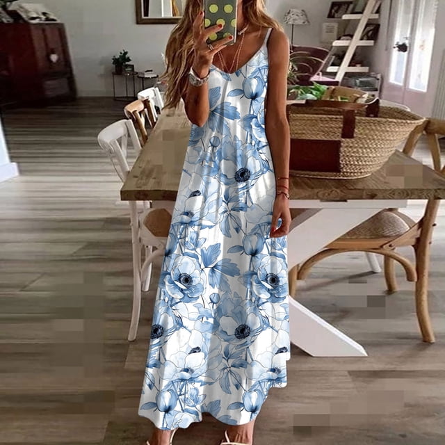 LSLJS Robes d'Été pour Femmes à Imprimé Sans Manches à Col Rond Robe Décontractée, Robe d'Été Robes de Plage d'Été