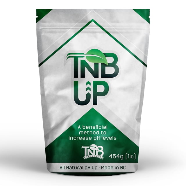 TNB Naturals pH Up 1 lb granular pH raiser in a resealable pouch with green and white branding. Ideal for safe and effective pH adjustments in hydroponic, aquaponic, and garden fertilizer systems. Features all-natural ingredients, no harmful chemicals, and compatibility with beneficial bacteria.