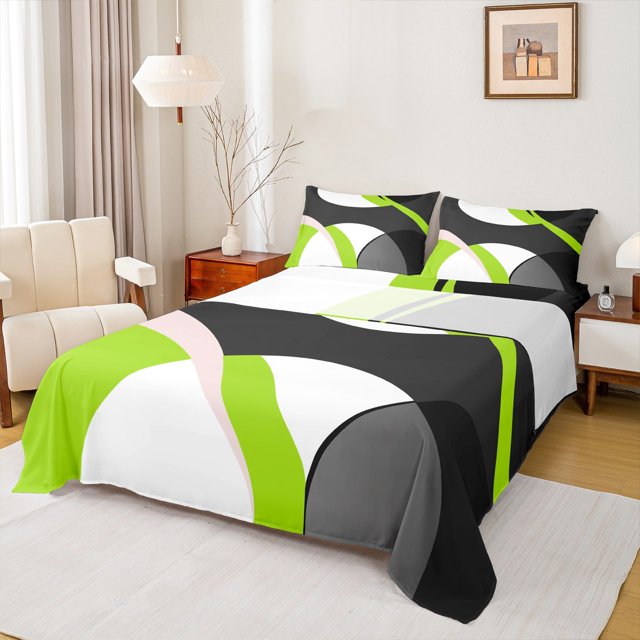 Erosebridal Abstract Geometry Round Bed Sheets Set Queen Size,Green Black Aesthetic Art Bedding Sets Queen Size,Geometric Pattern Bed Sheets Queen,Microfiber Room Decoration,4 Pieces