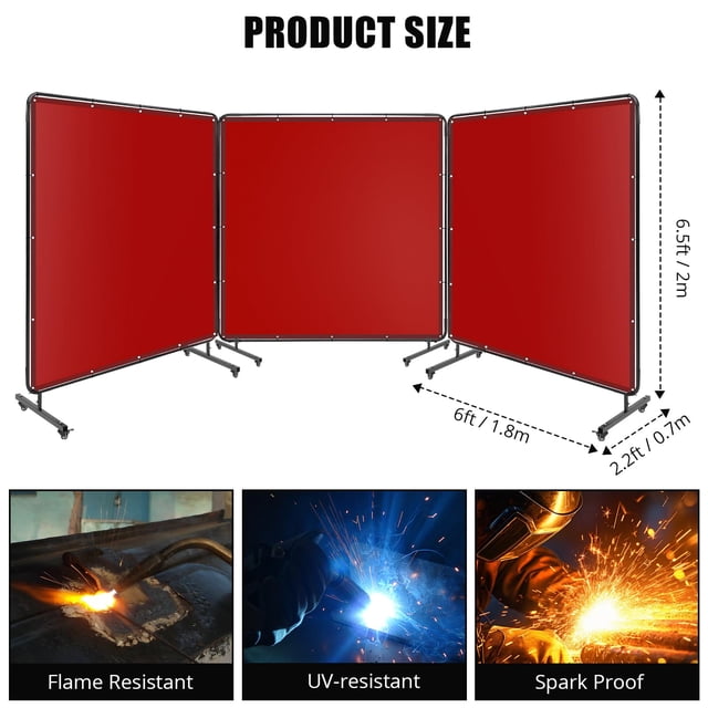 BeesClover 3 Panel 6x6FT Welding Screen with Frame - Flame Resistant PVC Curtain, Transparent Safety Panel, Lockable Swivel Wheels for Workshop, Garage, Metalworking