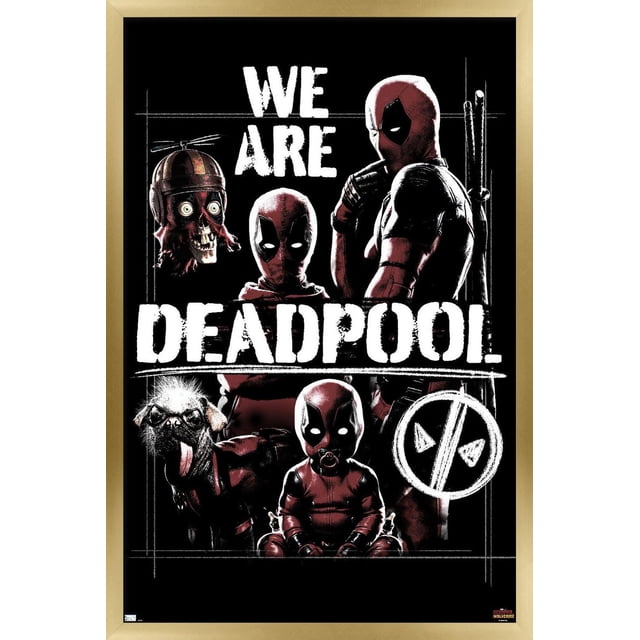 Marvel Deadpool & Wolverine - Affiche Murale « We Are Deadpool » avec Cadre Magnétique, 22,375 Po x 34 Po, Présentant une Oeuvre Brillante à Haute Résolution de Personnages Deadpool, Y Compris un Deadpool Debout avec des Épées, un Bébé Deadpool avec une Suce, un Chien Déguisé en Deadpool avec des Lunettes et une Tête Deadpool avec un Casque à Hélice, le Tout sur un Fond Noir avec Texte Blanc Audacieux « We Are Deadpool ». Idéal pour la Déco de la Maison Ou une Décoration de Fête à Thème.