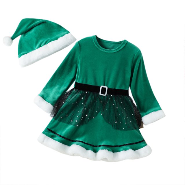 Robe de Père Noël Rouge à Manches Longues en Tulle pour Fillettes avec Chapeau