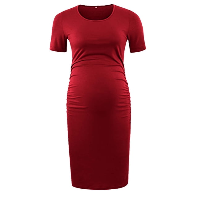 Penkiiy Robe Moulante de Maternité Froncée sur le Côté pour Femme, Robe Décontractée à Manches Courtes pour Usage Quotidien Ou Shower de Bébé, Rouge pour L